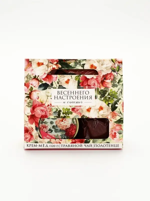 Набор с крем-мёдом, чаем и полотенцем в коробке "Весеннего настроения"