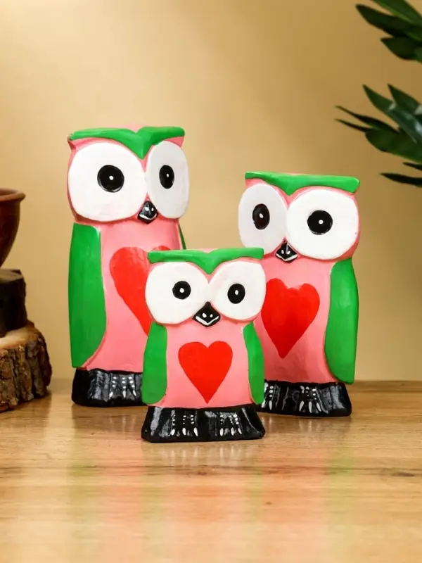 Набор сувенирный «Совята с сердечком», h=15 см, h=13 см, h=10 см, дерево, розово-зелёный
