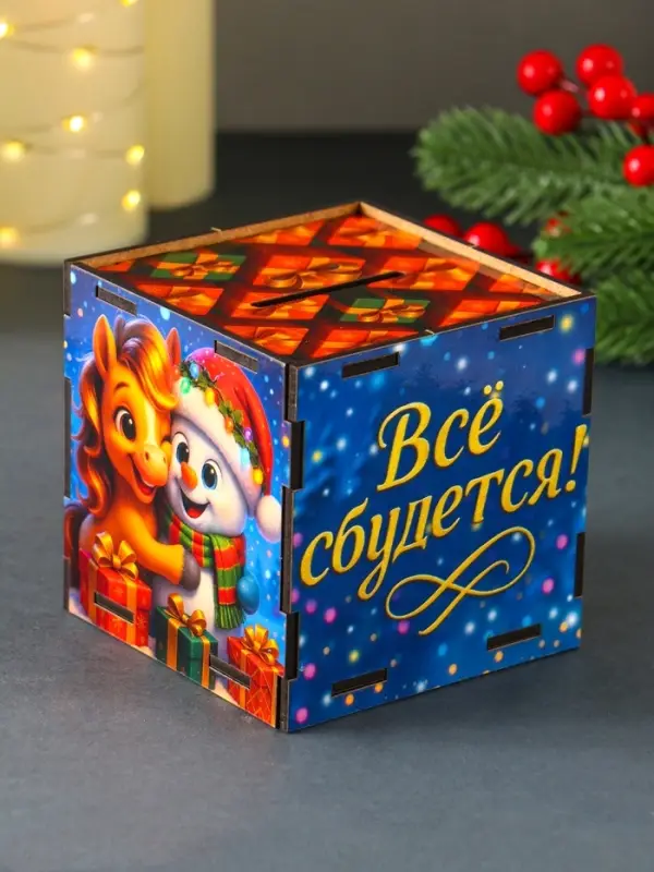 Новогодняя копилка куб "Снеговик с коняшкой" 10х10х10 см (набор 7 деталей)