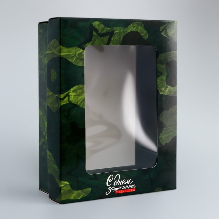 Коробка складная, крышка-дно, Коробка складная, крышка-дно, "С днем защитника Отечества", 16,5 х 12,5 х 5,2 см с окном