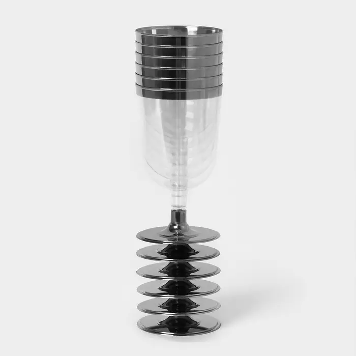 Бокал пластиковый одноразовый для вина «Кристалл», 200 мл, с металлизированными каемками, цвет прозрачный, 6 шт/уп