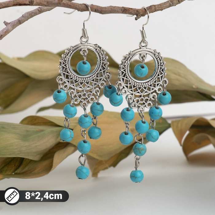 Серьги «Бирюзовый мир» круг и 5 дорожек бусинок, цвет голубой в чернёном серебре Серьги «Бирюзовый мир» круг и 5 дорожек бусинок, цвет голубой в чернёном серебре