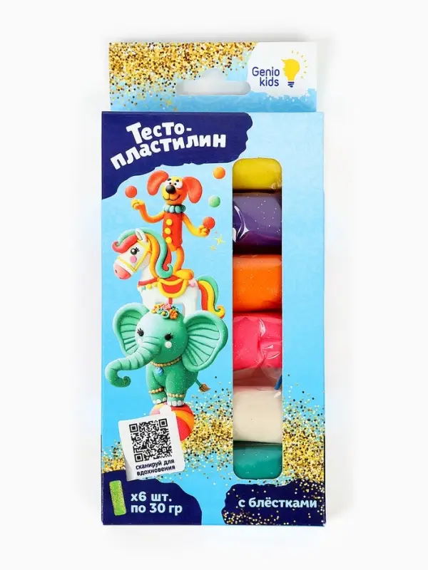 Тесто-пластилин, набор 6 цветов, с блёстками