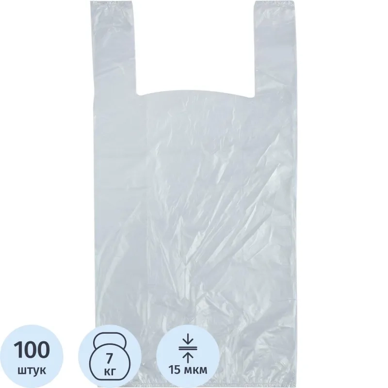 Пакет-майка ПНД 28+13x57 см, 15 мкм, 100 шт/уп, прозрачный