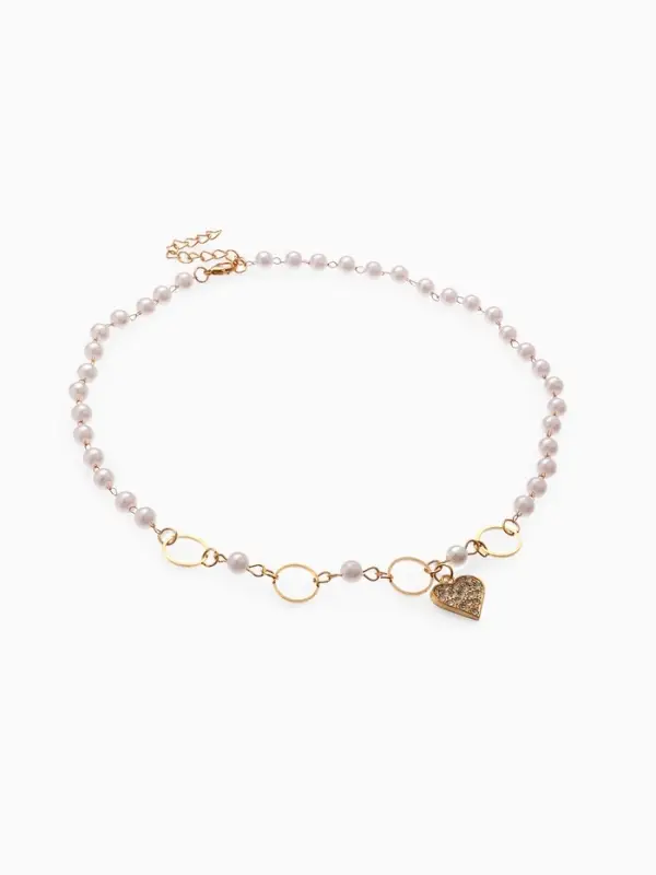 Колье с жемчугом &laquo;Сердце&raquo;, в круглых звеньях, d=0.6 см, белое в золоте, 36 см