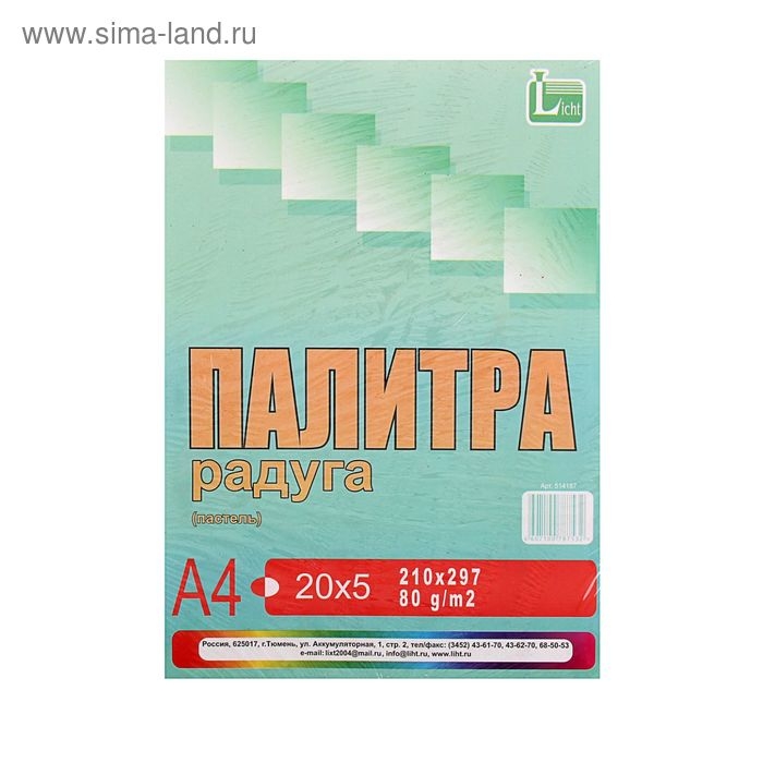 Бумага цветная А4, 100 листов  Бумага цветная А4, 100 листов "Палитра радуга" Пастель, 5 цветов, 80 г/м²
