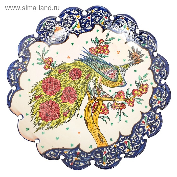 Ляган Риштанская Керамика  Ляган Риштанская Керамика "Жар птица", 42 см, синий, рифлённый