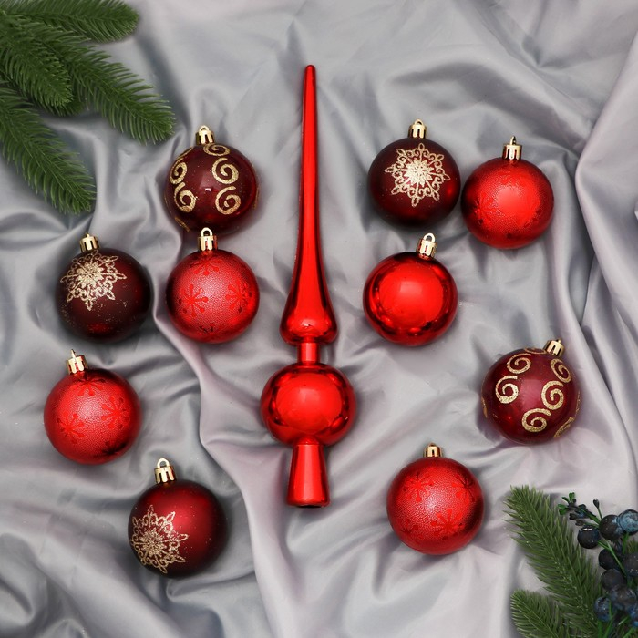 Набор шаров пластик с верхушкой 21 шт Набор шаров пластик с верхушкой 21 шт "Новогодний" (20 шаров d-6 см, верхушка) красный
