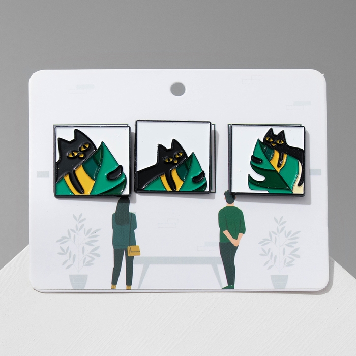 Набор значков (3шт) Набор значков (3шт) "Кот" прячущийся, цветной в чёрном металле