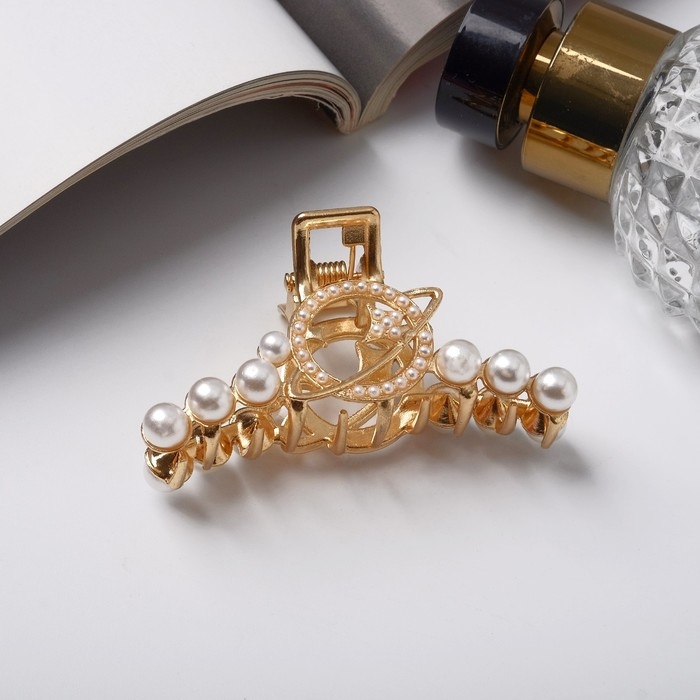 Краб для волос Краб для волос "Мадин" жемчуг орбита, 7 см, бело-золотой