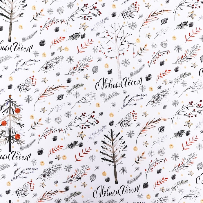 Новый год. Бумага упаковочная новогодняя глянцевая  Новый год. Бумага упаковочная новогодняя глянцевая "Веточки ", 70 х 100 см.