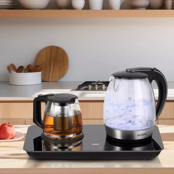 Чайный набор Kitfort КТ-6609, стекло, 1.7/1 л, 2200 Вт, регулировка t°, дисплей, чёрный Чайный набор Kitfort КТ-6609, стекло, 1.7/1 л, 2200 Вт, регулировка t°, дисплей, чёрный
