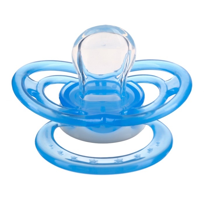 Соска - пустышка силиконовая ортодонтическая, от 12 мес., с колпачком, цвет голубой/белый Соска - пустышка силиконовая ортодонтическая, от 12 мес., с колпачком, цвет голубой/белый