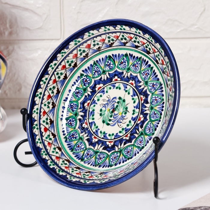 Тарелка Риштанская Керамика Тарелка Риштанская Керамика "Узоры", синяя, глубокая, 20 см