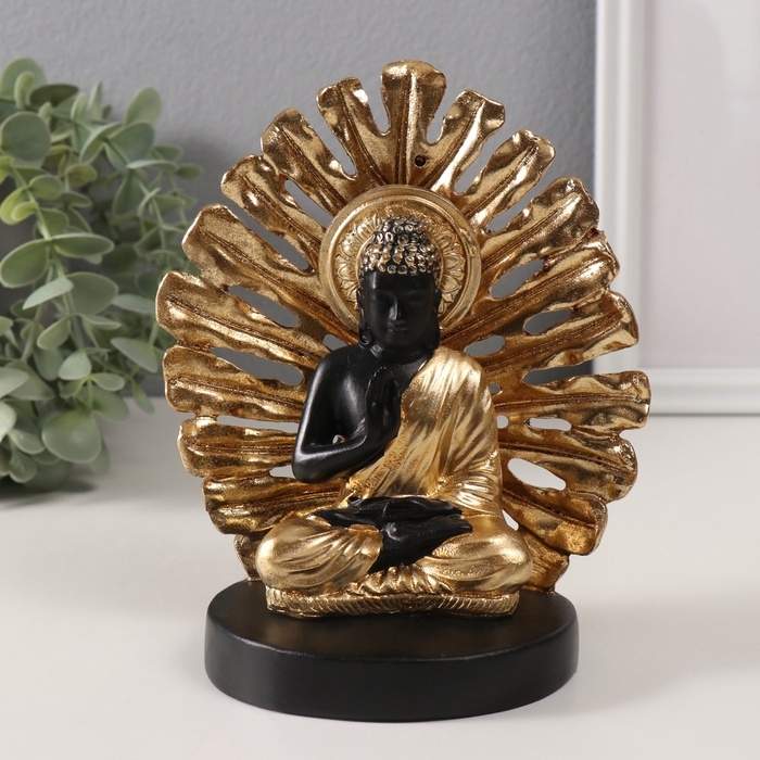 Сувенир полистоун  Сувенир полистоун "Будда. Пальмовый лист" золото и чёрный 14,5х9х17,5 см