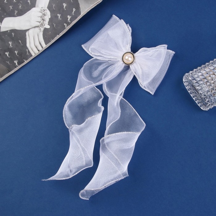 Зажим для волос  Зажим для волос "Школьница" бантик, 12х30 см, белый с жемчужинкой