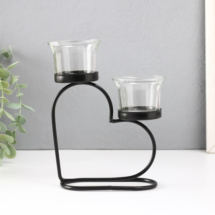 Подсвечник металл, стекло на 2 свечи Подсвечник металл, стекло на 2 свечи "Сердце" d=2-5 см чёрный 12х6х17,5 см