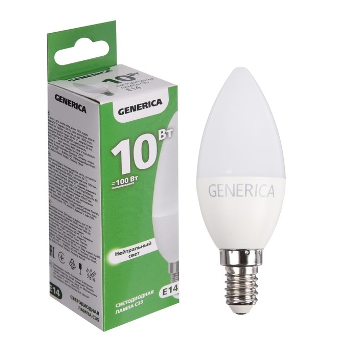 Лампа светодиодная GENERICA C35, 10 Вт, свеча, 4000 К, E14, 230 В, LL-C35-10-230-40-E14-G Лампа светодиодная GENERICA C35, 10 Вт, свеча, 4000 К, E14, 230 В, LL-C35-10-230-40-E14-G