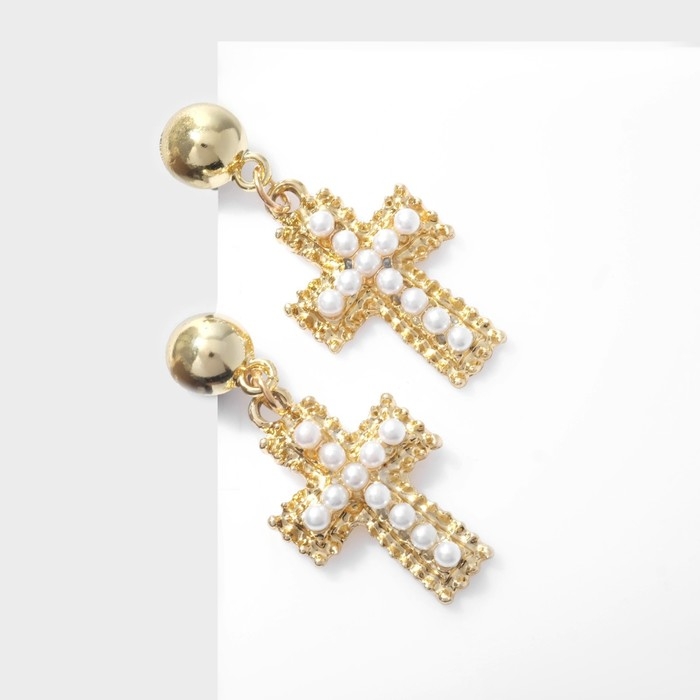 Серьги с жемчугом «Крестики» на бусинах, цвет белый в золоте Серьги с жемчугом «Крестики» на бусинах, цвет белый в золоте