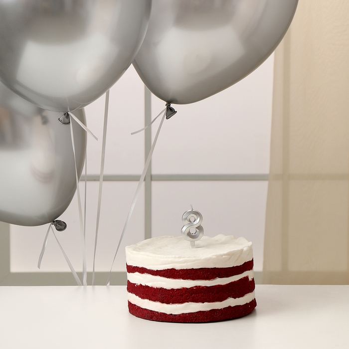 Свечи для торта + 5 шаров, цифра 8, серебро Свечи для торта + 5 шаров, цифра 8, серебро