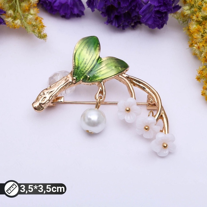 Брошь «Цветы» ландыши, цвет бело-зелёный в золоте Брошь «Цветы» ландыши, цвет бело-зелёный в золоте