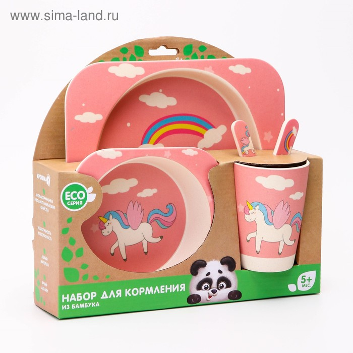 Набор бамбуковой посуды «Единорог», тарелка, миска, стакан, приборы, 5 предметов Набор бамбуковой посуды «Единорог», тарелка, миска, стакан, приборы, 5 предметов