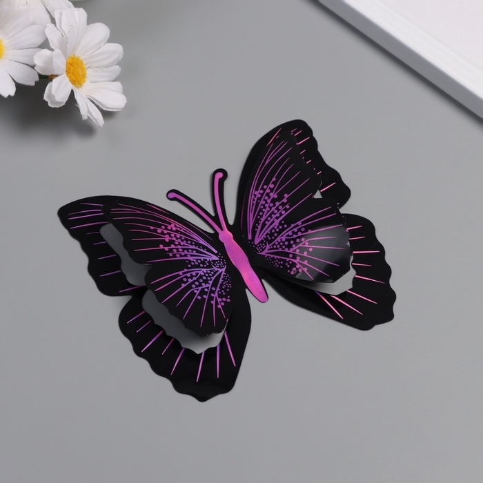 Наклейка пластик Наклейка пластик "Бабочки чёрные с фиолетовым" двойные крылья набор 12 шт 12 см, 10 см 8 см 105242