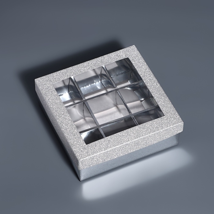 Коробка для 9 конфет серебро глиттер, 12,5 х 12,5 х 4 см. Кондитерская упаковка Коробка для 9 конфет серебро глиттер, 12,5 х 12,5 х 4 см. Кондитерская упаковка