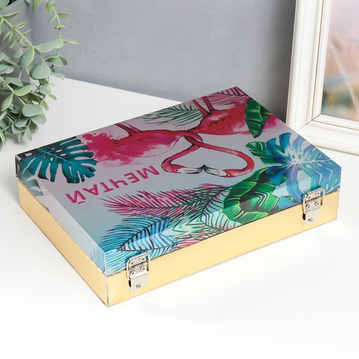 Шкатулка дерево  Шкатулка дерево "Розовые фламинго. Мечтай" кожзам глянец 5,5х24х17 см