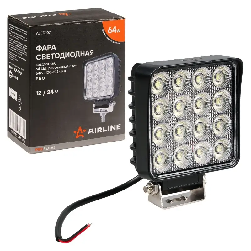 Фара светодиод. квадратная, 64LED, ближний свет, 64Вт, 108х108х50мм, 12/24В, PRO