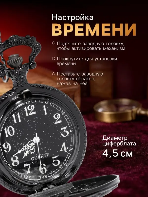 Часы карманные &laquo;Классика&raquo;, кварцевые, d=4.5 см, цепочка 37 см, с компасом