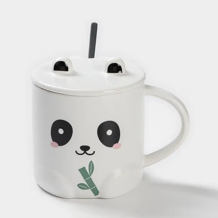 Кружка с ложкой &laquo;Панда&raquo;, 350 мл, керамика, белая