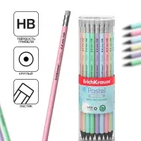 Карандаш чернографитный с ластиком ErichKrause Pastel, HB, круглый в тубусе, МИКС