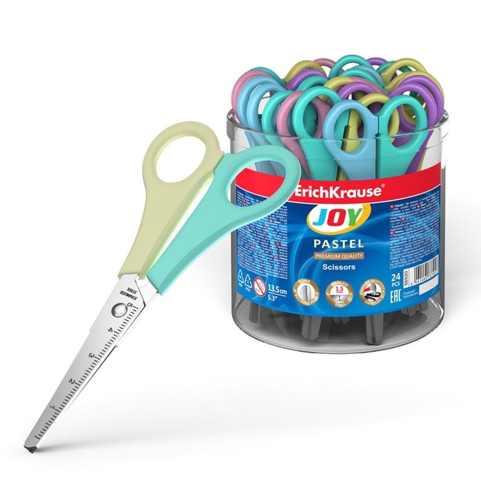 Ножницы детские ErichKrause Joy Pastel, 13.5 см, с закруглёнными концами лезвий, ударопрочный пластик, в тубусе, МИКС Ножницы детские ErichKrause Joy Pastel, 13.5 см, с закруглёнными концами лезвий, ударопрочный пластик, в тубусе, МИКС