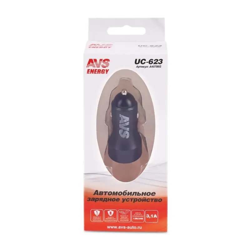 USB автомобильное зарядное устройство AVS 2 порта UC-623 (3,1А)
