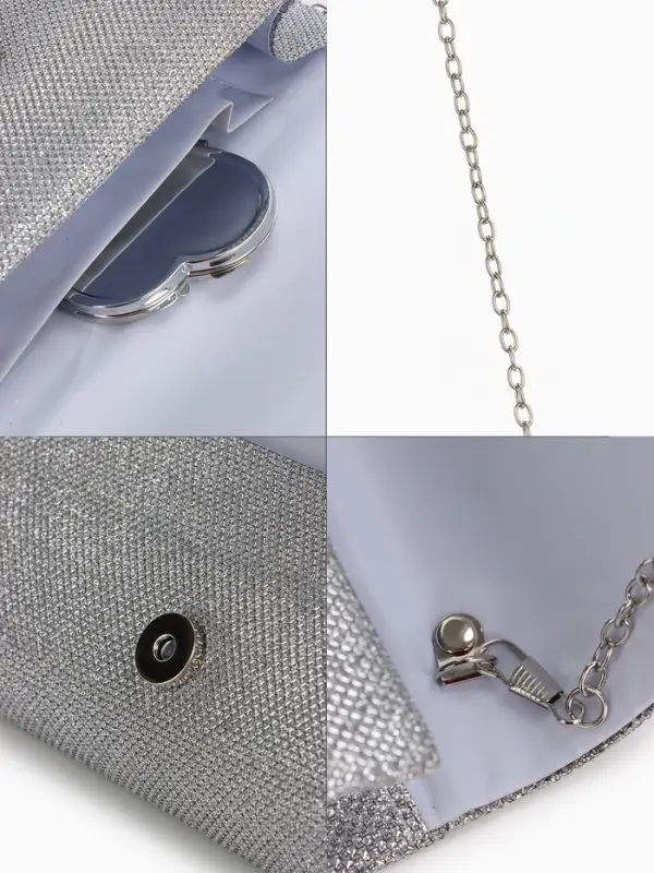 Сумка-клатч женская на магните, на серебристой цепочке, блестящая, светло-серебристая