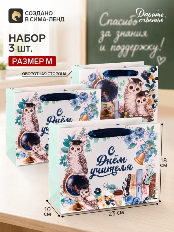 Пакеты подарочные &laquo;С Днём учителя&raquo;, набор 3 шт., 23&times;18&times;10 см