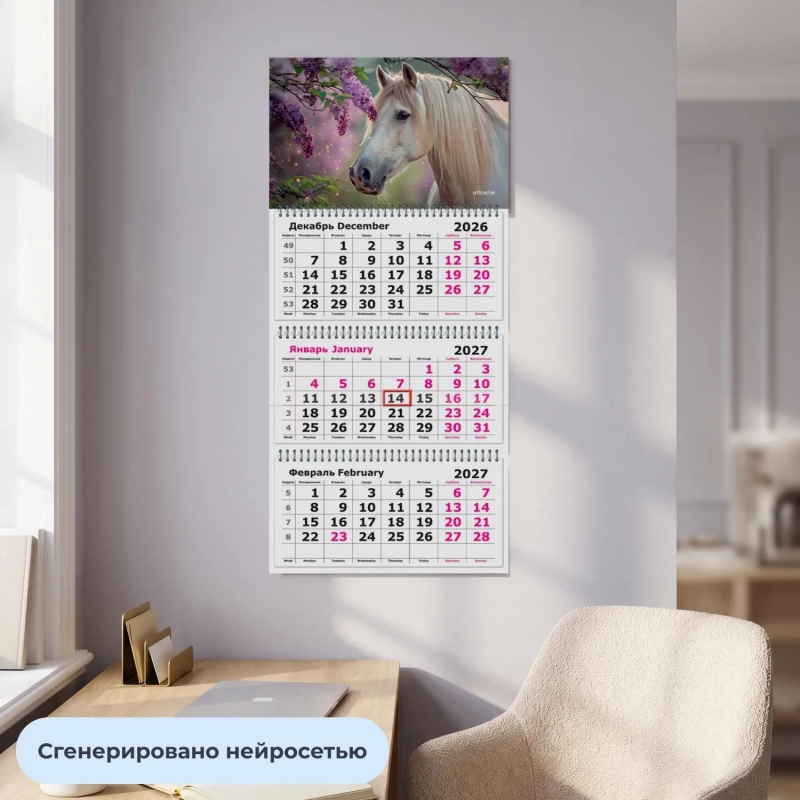 Календарь настенный 3-х блочный 2027 Attache Белая лошадь 305х675мм
