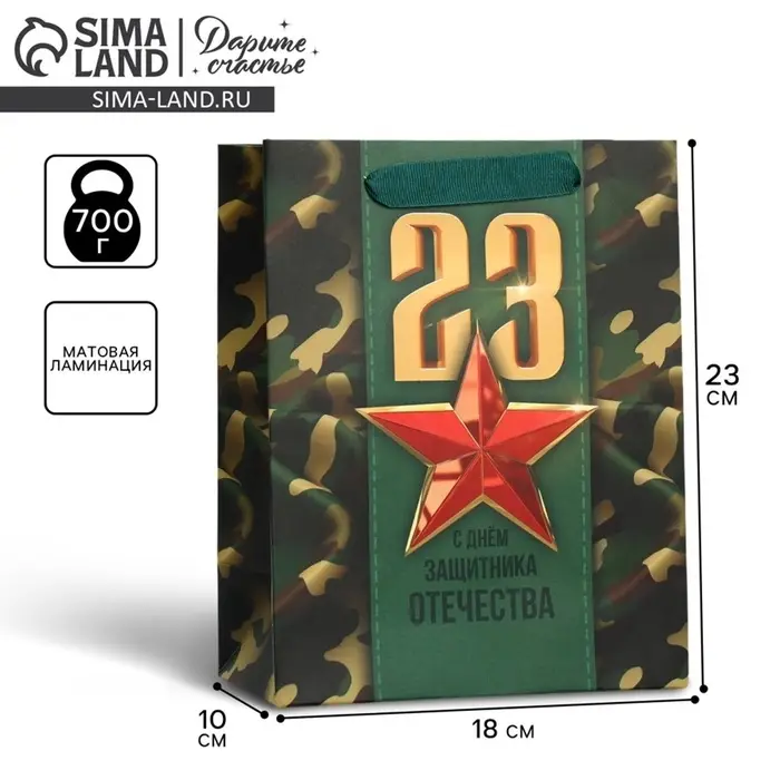 Пакет подарочный ламинированный, упаковка, &laquo;С 23 февраля&raquo;, MS 18&times;23&times;10 см