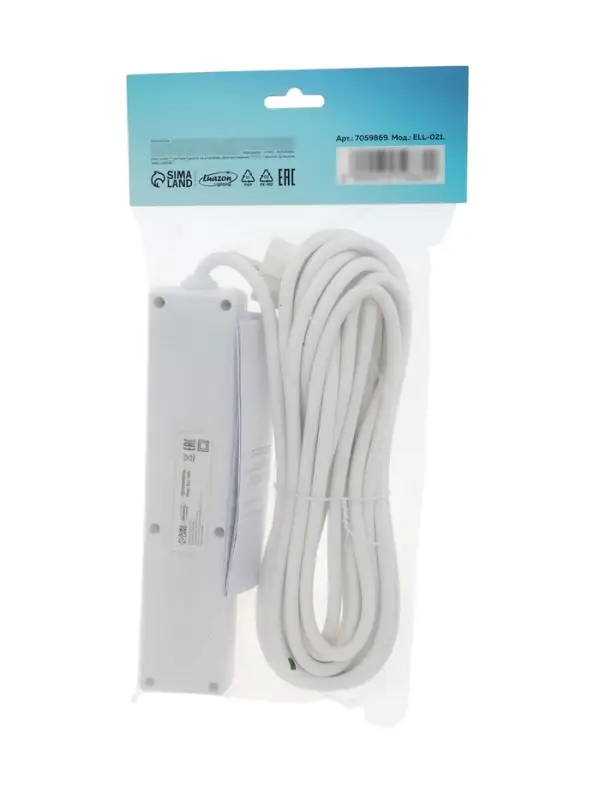 Удлинитель Luazon Lighting, 4 розетки, 7 м, 10 А, 2200 Вт, 3&times;0.75 мм2, с заземлением, с выключателем, белый