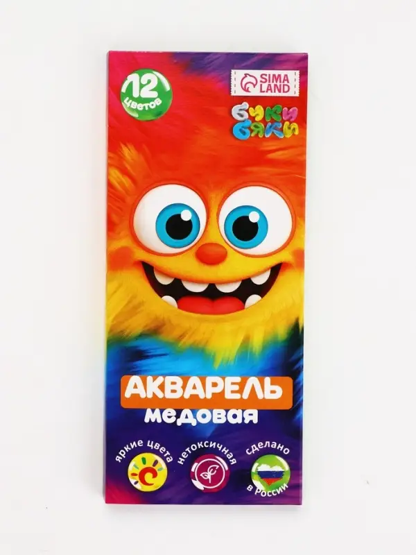 Акварель 12 цветов, упаковка картон "Монстрик"