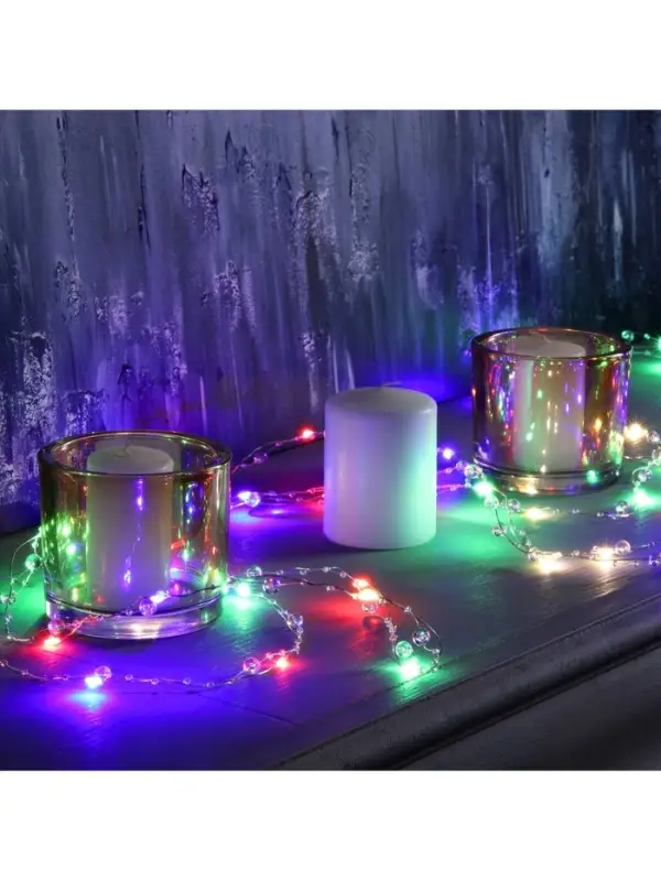 Гирлянда &laquo;Нить&raquo; 5 м, роса с насадками &laquo;Шарики&raquo;, IP20, серебристая нить, 50 LED, 8 режимов, свечение мульти, 220 В