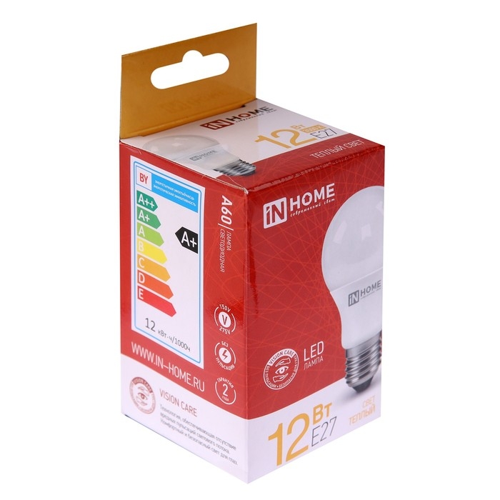 Лампа светодиодная IN HOME LED-A60-VC, Е27, 12 Вт, 230 В, 3000 К, 1140 Лм Лампа светодиодная IN HOME LED-A60-VC, Е27, 12 Вт, 230 В, 3000 К, 1140 Лм