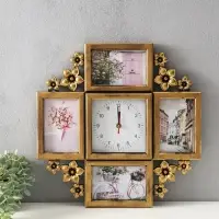 Фоторамка - коллаж на 4 фото 10&times;15 см с часами настенными бесшумными (14&times;14 см) &laquo;Цветы&raquo;, 42&times;42 см