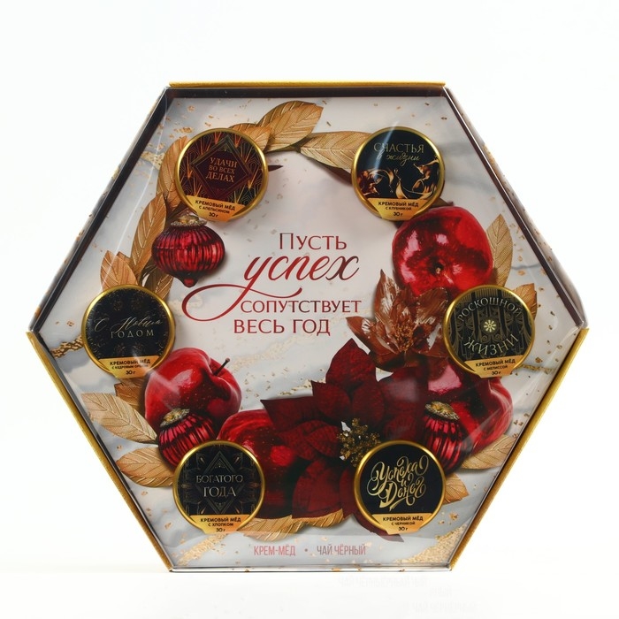 Подарочный набор «Новогодняя роскошь»: чай чёрный 50 г., крем-мёд 6 шт. x 30 г. Подарочный набор «Новогодняя роскошь»: чай чёрный 50 г., крем-мёд 6 шт. x 30 г.