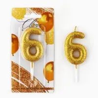 Свеча для торта, цифра, блестящая «6», золото, 9,5 х 4 см