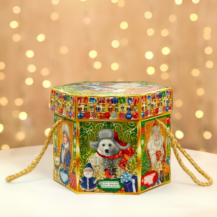 Новый год. Подарочная коробка новогодняя Шестигранник малый Новый год. Подарочная коробка новогодняя Шестигранник малый "Малахит" с веревочными ручками, 210x210x185 мм.