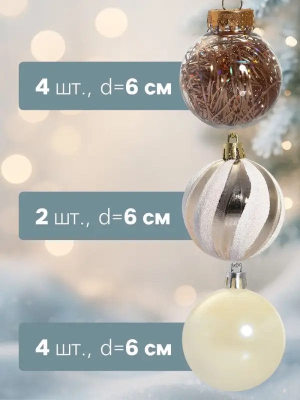 Ёлочные игрушки &laquo;Мелодия&raquo; ассорти люкс, шары новогодние, d=6 см, набор 24 шт., бело-золотой
