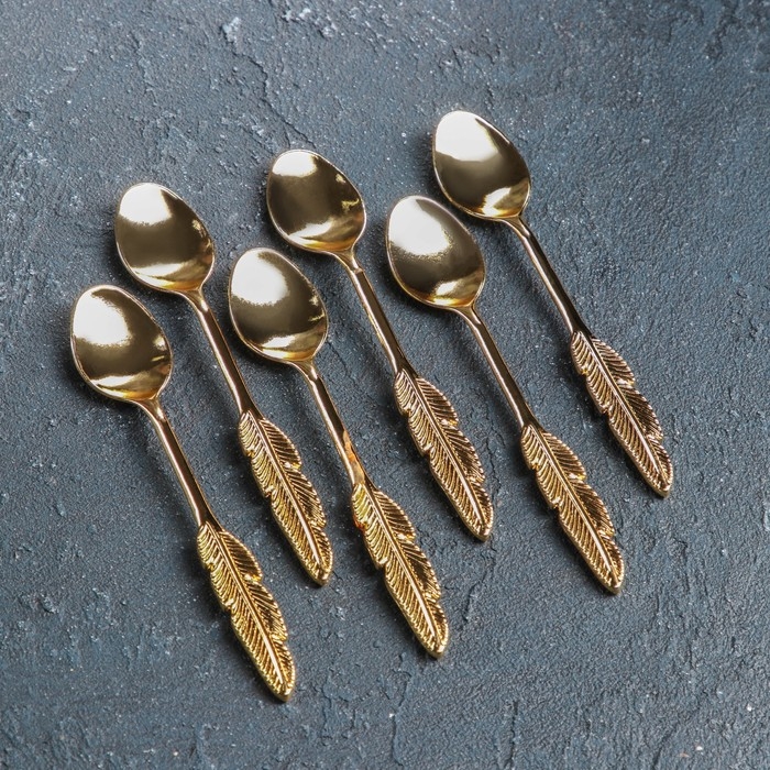 Набор ложек чайных «Перо», длина 12 см, 6 шт, цвет золотой Набор ложек чайных «Перо», длина 12 см, 6 шт, цвет золотой