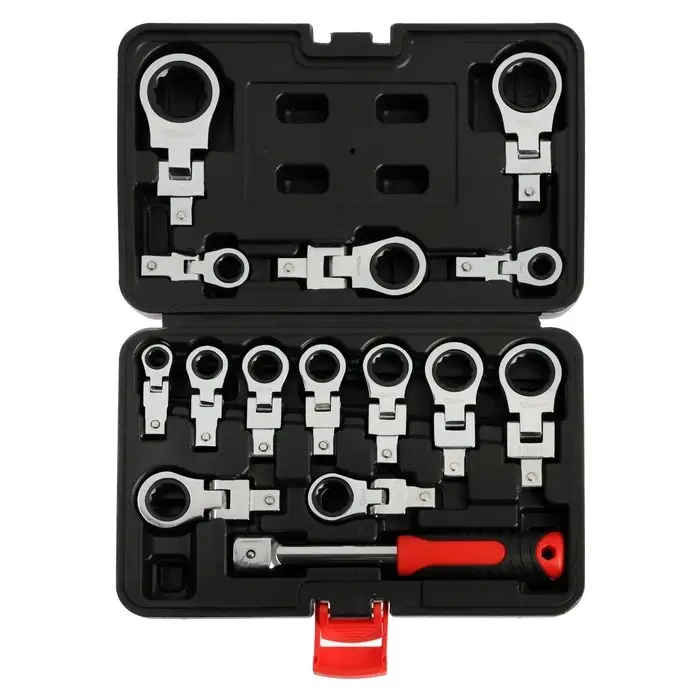 Набор трещоточных ключей ТУНДРА, CrV, сменные поворотные головки 8 - 24 мм, 72 зуба, 15 шт.   992569